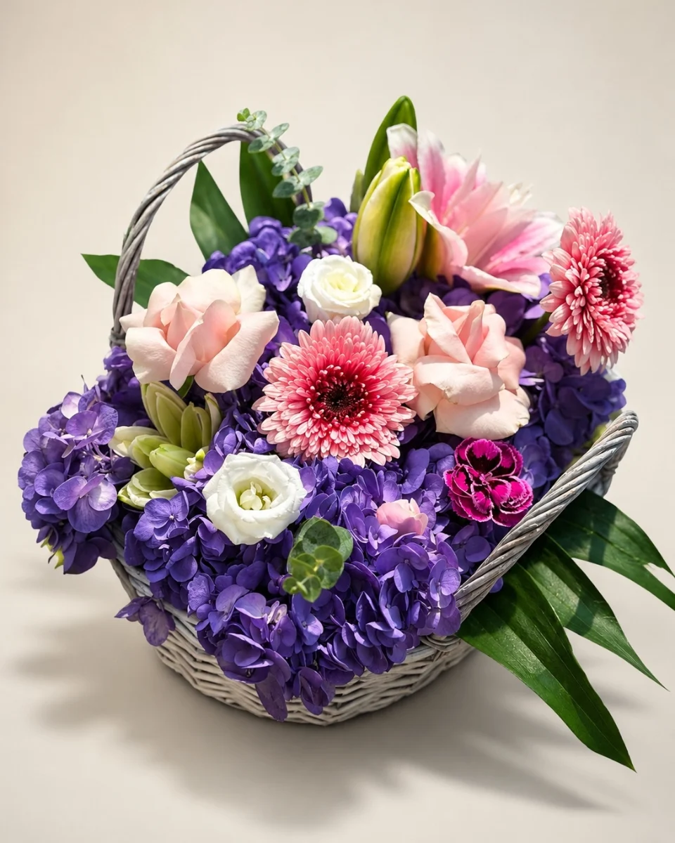 Purple hydrangea flower basket