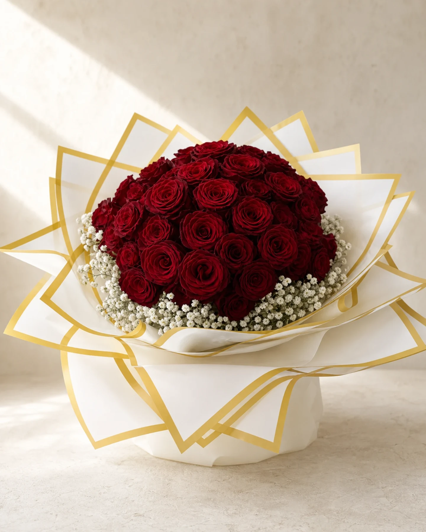 Large dome bouquet of crimson roses with baby's breath and gold-edged white wrapping