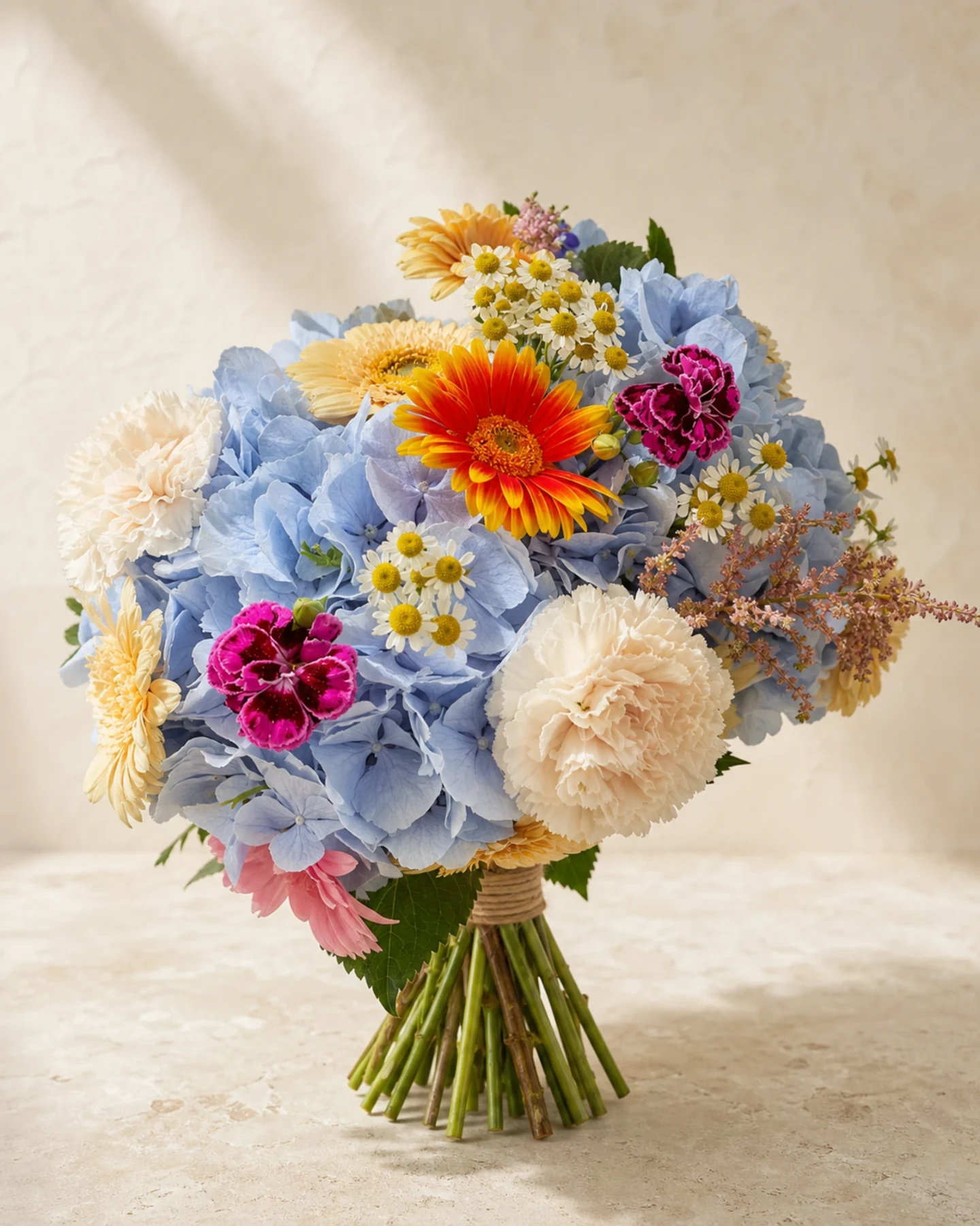 Blue hydrangea garden bouquet with orange gerbera, cream carnations and magenta dianthus